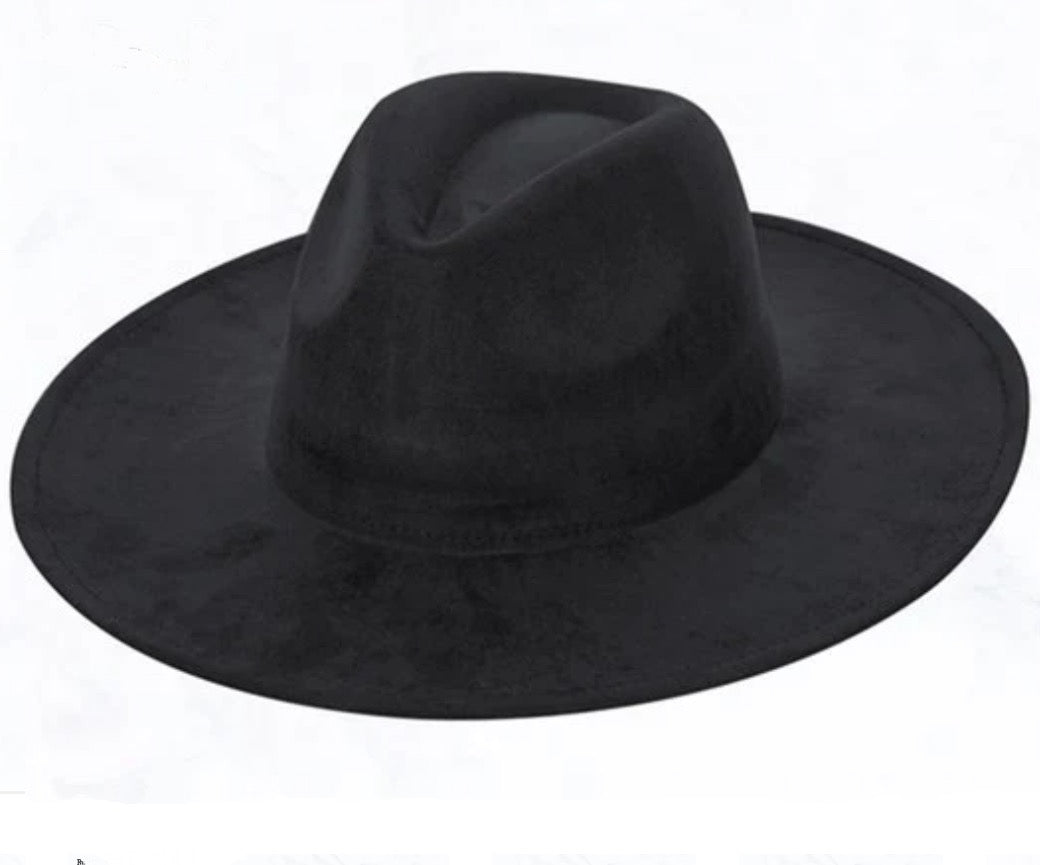 Black suede wide-brim hat with teardrop crown