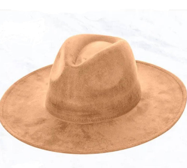 Tan wide-brim felt hat with teardrop crown