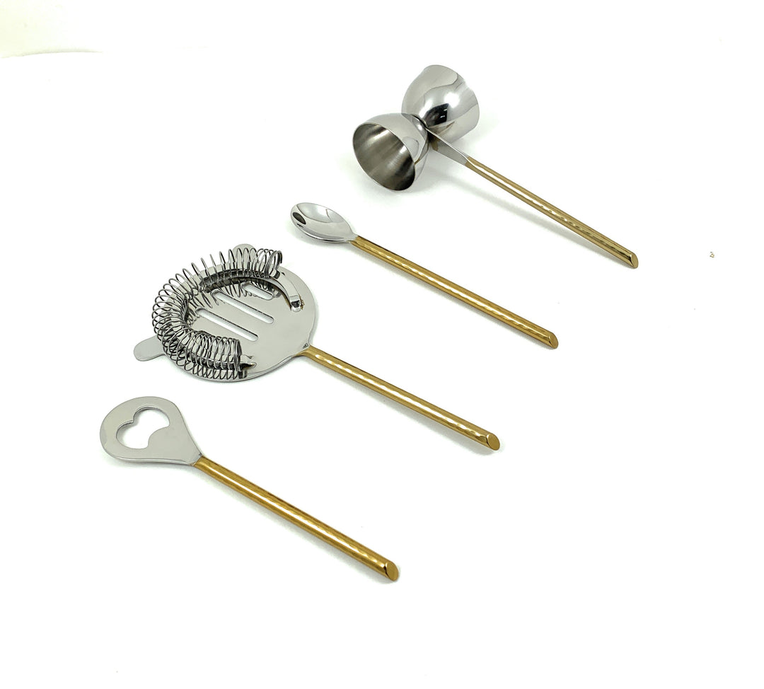 Vibhsa Hammered Stainless Steel Bar Tools Set — Gold PVD, 4‑Piece