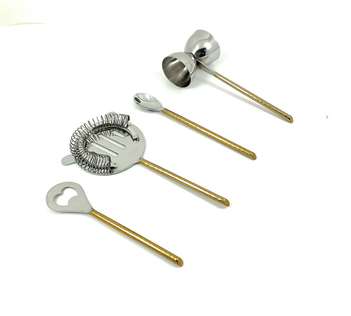 Vibhsa Hammered Stainless Steel Bar Tools Set — Gold PVD, 4‑Piece