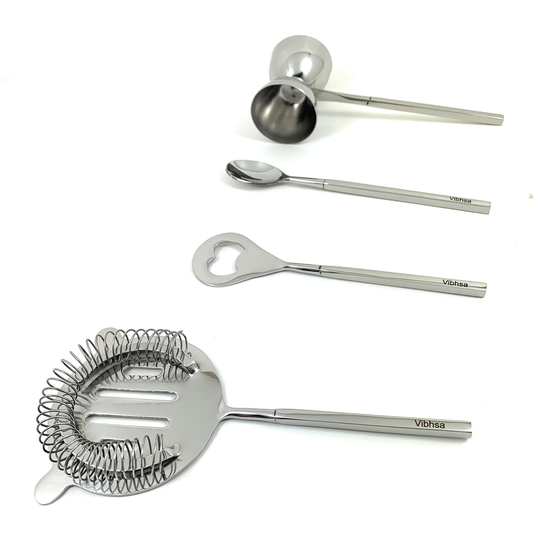 Vibhsa Stainless Steel Bar Tools Set — Silver Gloss, 4‑PieceVibhsa Stainless Steel Bar Tools Set — Silver Gloss, 4‑Piece