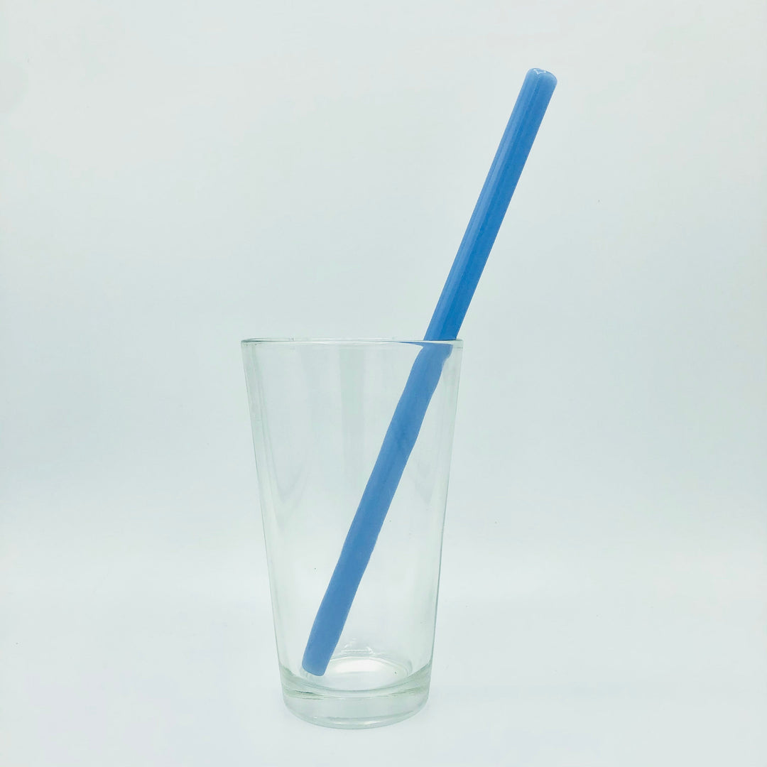 10-inch reusable straw, clear blue color, shown in a clear drinking glass.