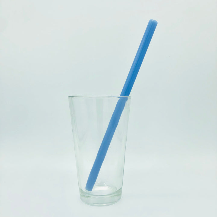 10-inch reusable straw, clear blue color, shown in a clear drinking glass.