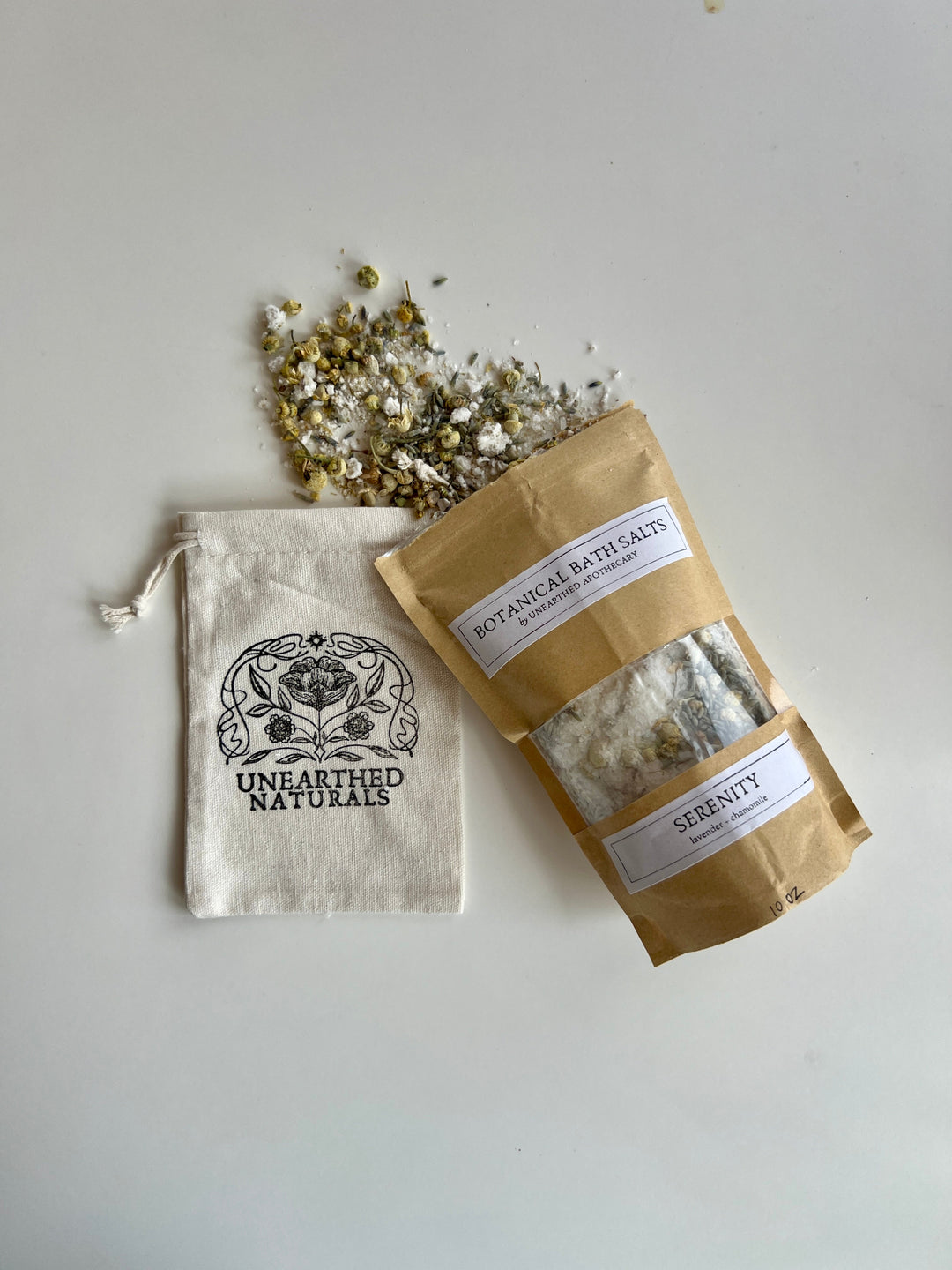 Cotton muslin bath soak bag with drawstring and botanical sachets; UNEARTHED NATURALS