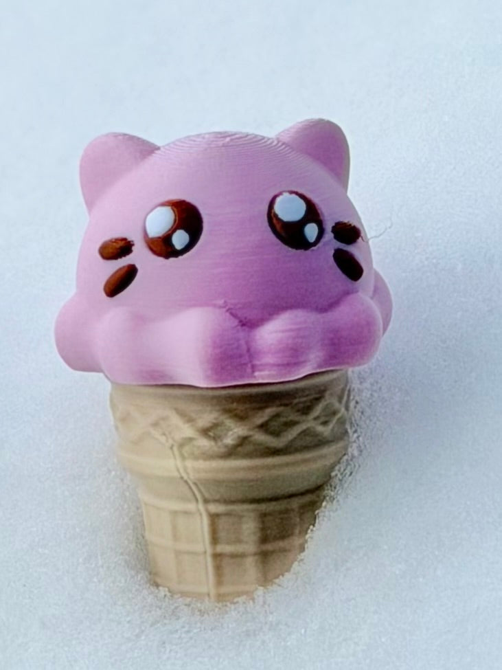 Purple cat ice cream fidget with big eyes on beige waffle cone