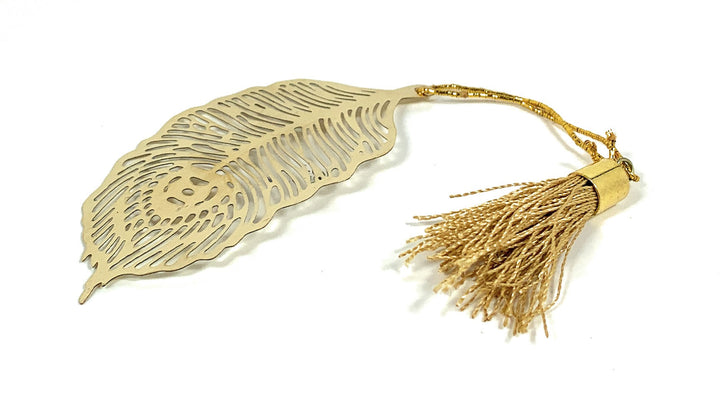 Gold feather bookmark with tassel and loop, single feather design
