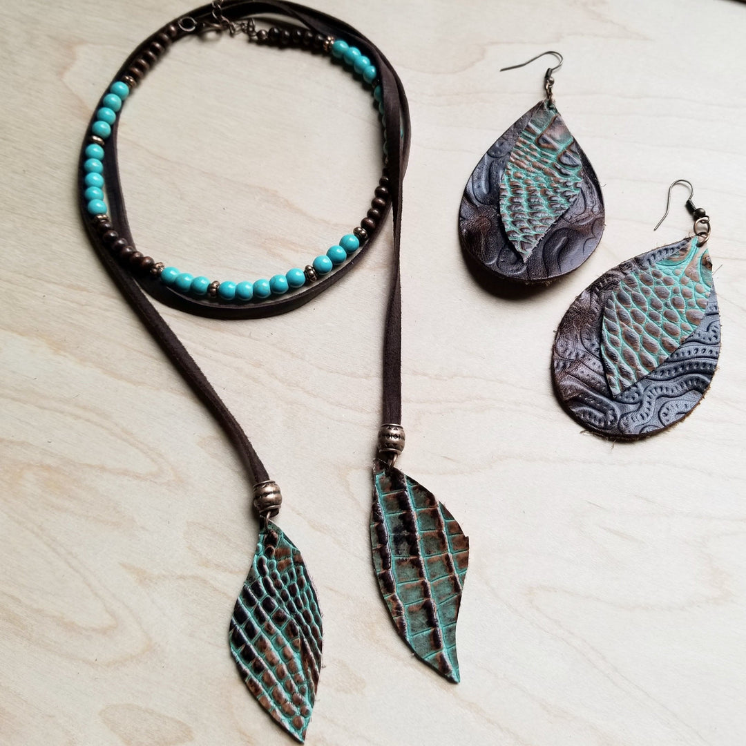 Turquoise bead collar necklace with leaf pendant and matching turquoise earrings.