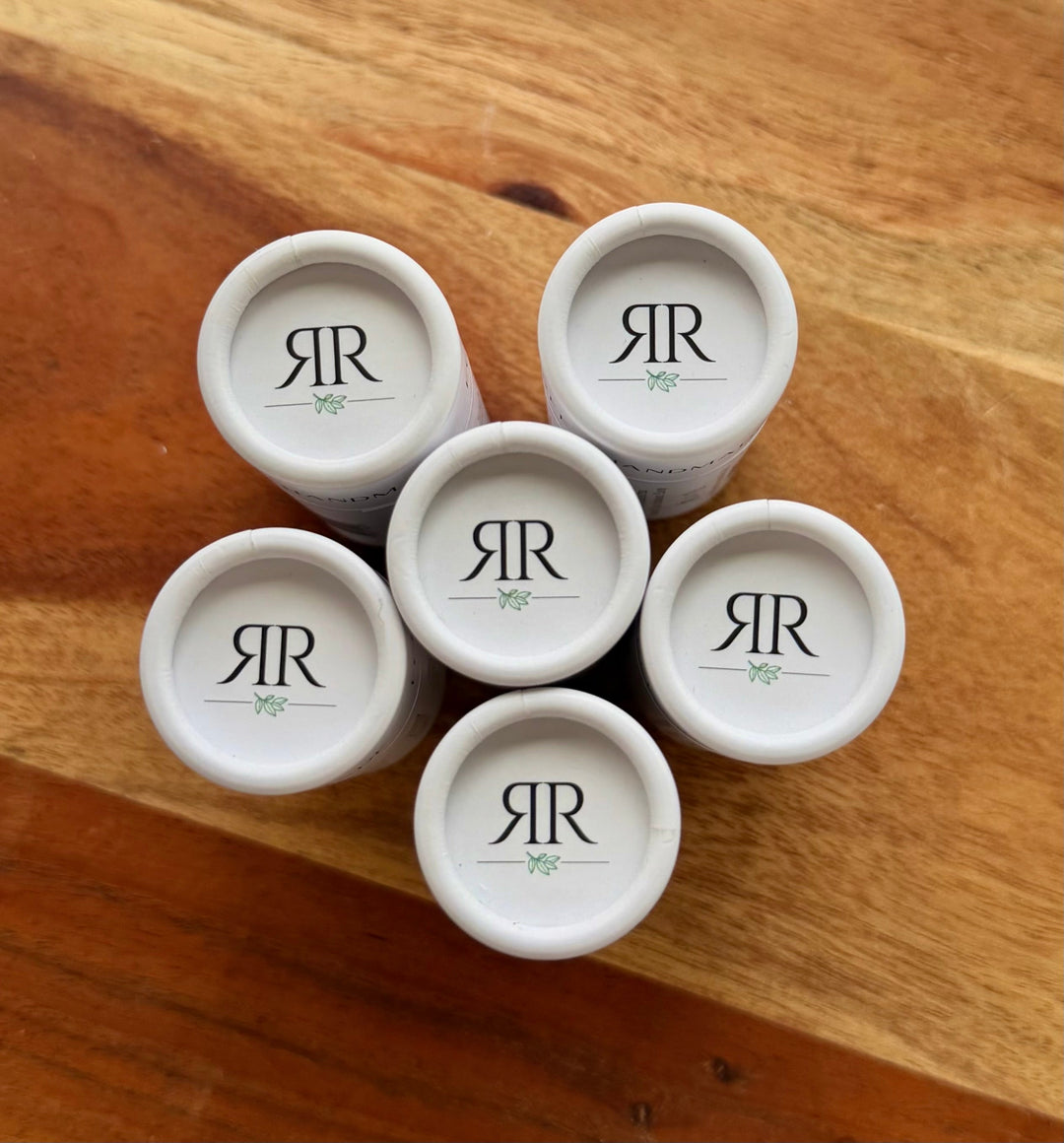 Natural lip balm caps, white round lids with black RR logo