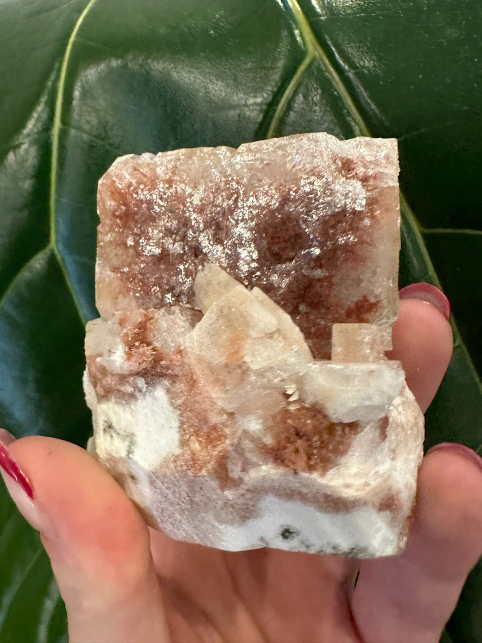 Apophyllite cube with red-brown crystal face, white layers, and small clear blocks
