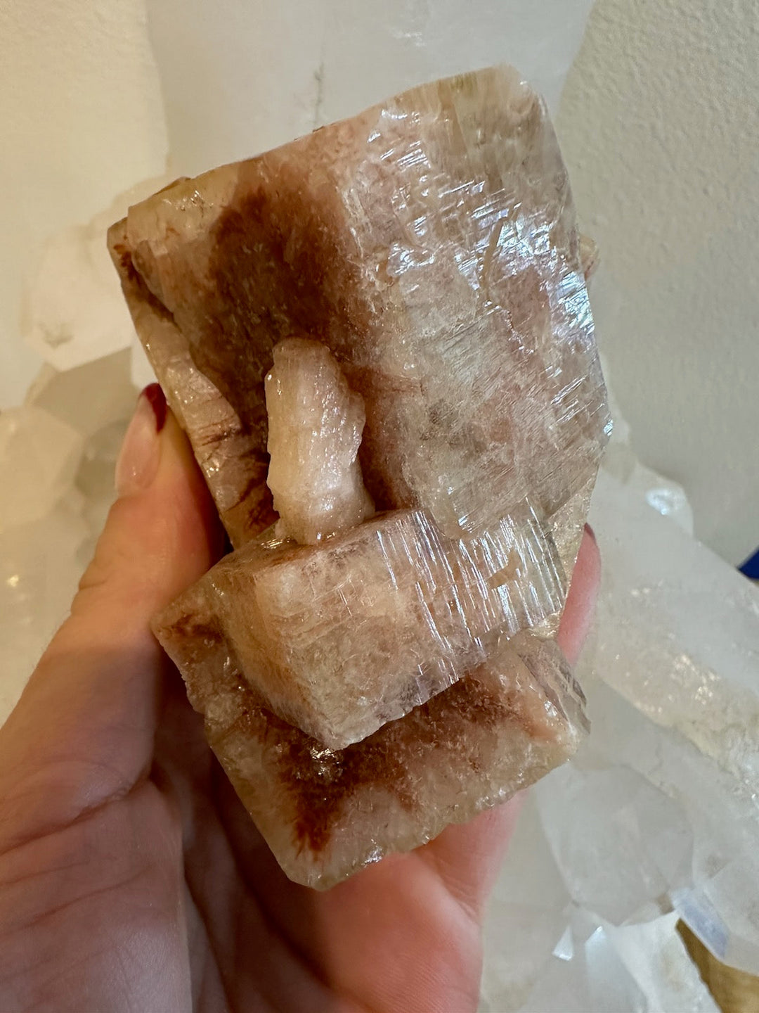 Red and clear apophyllite cube cluster with stacked crystal blocks