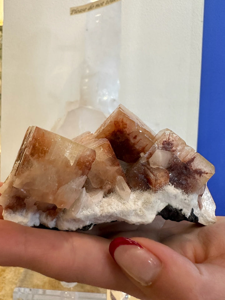 Red apophyllite crystal cluster with clear stilbite on a mineral matrix