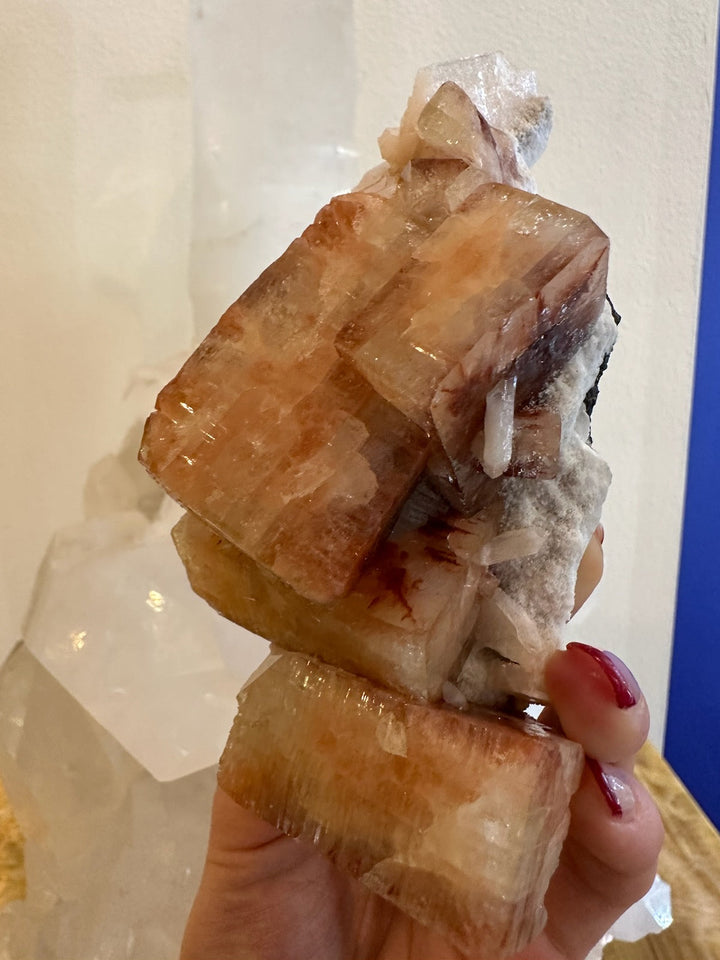 Orange-brown apophyllite cube cluster with white stilbite on rock matrix