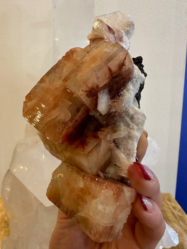 Amber apophyllite crystal cluster with cube faces and white matrix, handheld