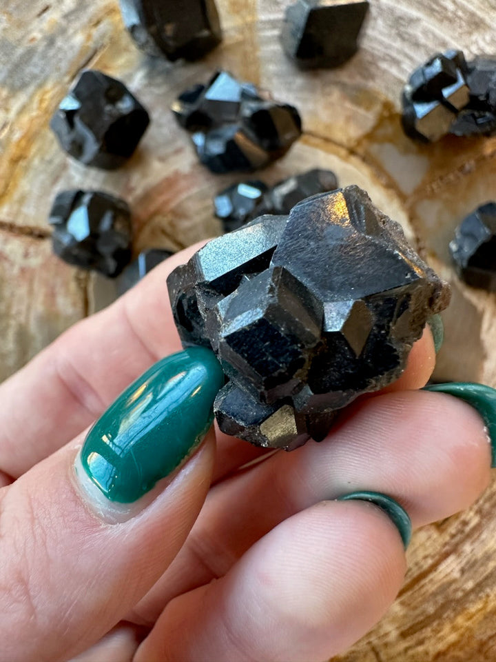 Rough melanite garnet crystal held close-up, black with blue metallic highlights