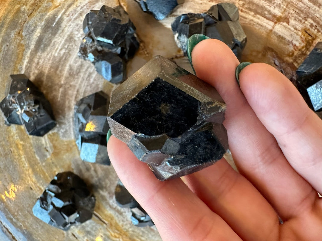 Melanite garnet cluster in hand with scattered dark cubes and blue metallic sheen