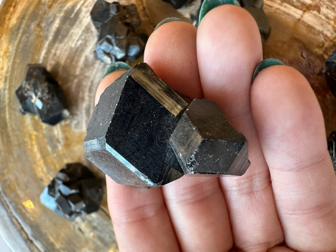 Melanite garnet specimen held in hand: dark black cubes with silver-blue facets
