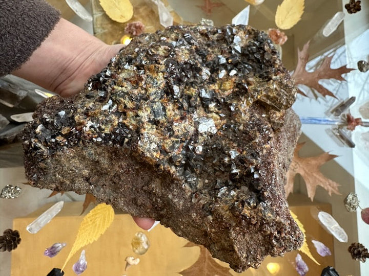 Handheld garnet crystal cluster specimen with dense glittering crystals on dark brown matrix