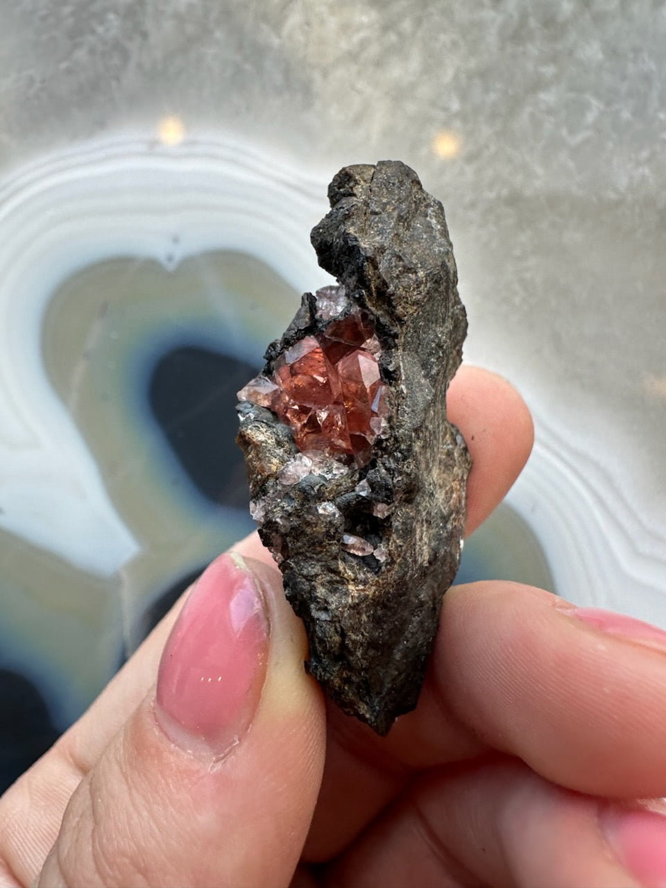Rhodochrosite crystal cluster on dark rock matrix, red crystals on tip