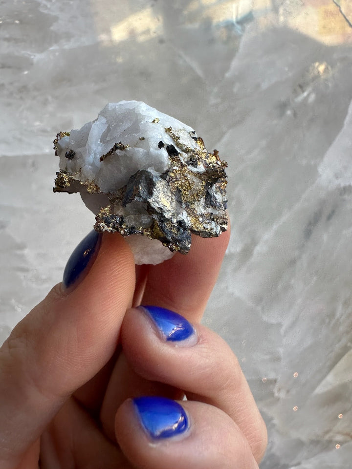 White quartz with golden pyrite mineral specimen held in hand, close-up