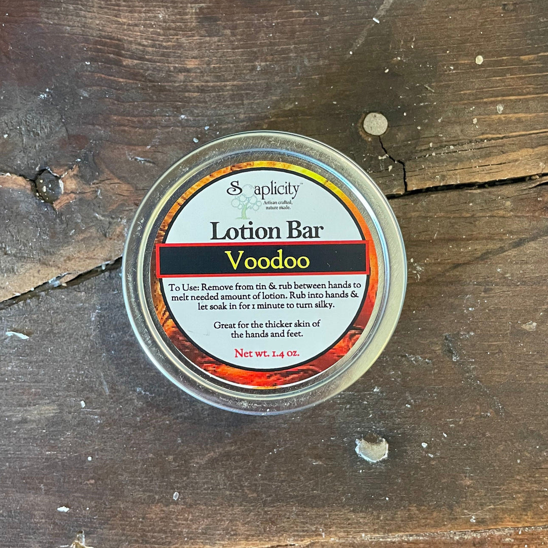 Lotion bar tin, round metal container with printed label, top view