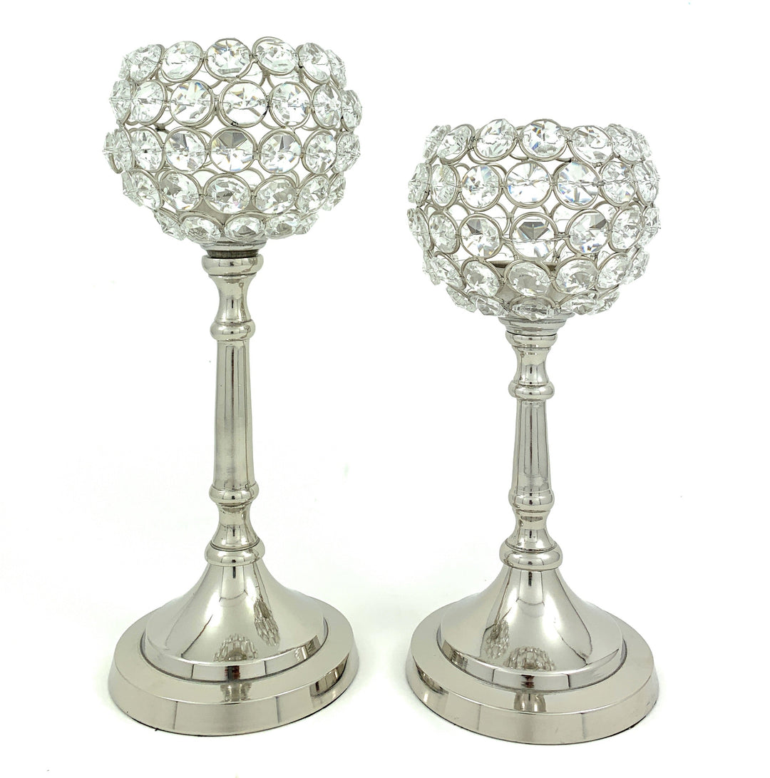 Set of 2 silver metal hurricane candle holders with clear round crystal shades
