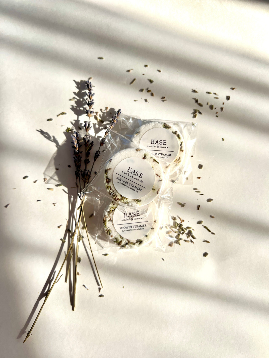 EASE shower steamer set with three round disks, menthol &amp; lavender, clear wrap