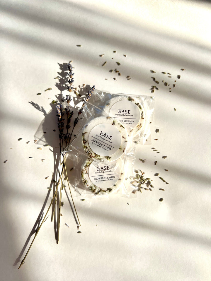 EASE shower steamer set with three round disks, menthol &amp; lavender, clear wrap
