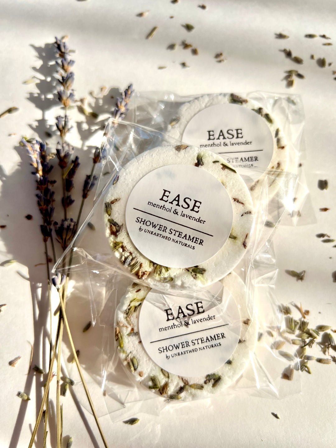EASE shower steamer set, menthol &amp; lavender scent, round disks in clear wrap