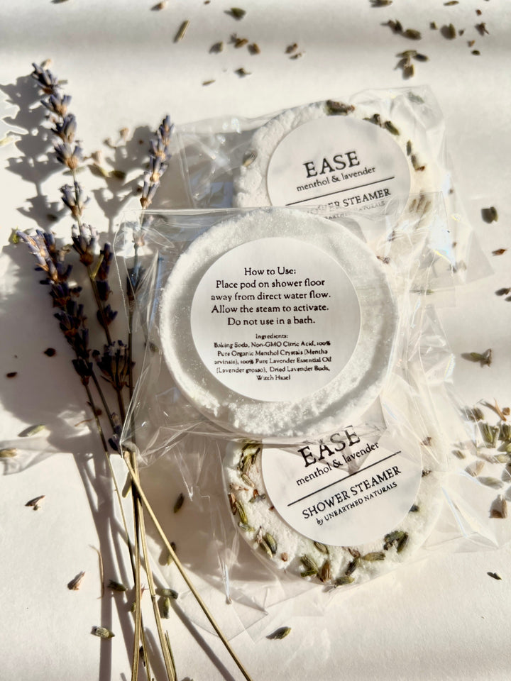 EASE shower steamer set, top disk shows use instructions, menthol &amp; lavender, clear wrap