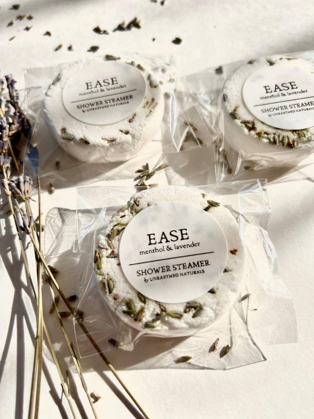 EASE shower steamer set, three round disks with menthol &amp; lavender labels, clear wrap