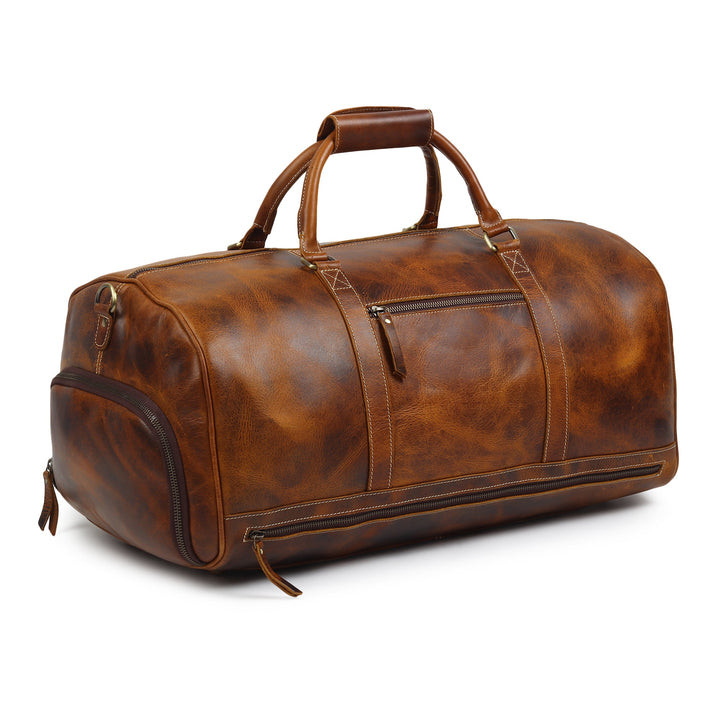 Brown leather duffel bag with front zip pocket, stitched panels, and top handle.