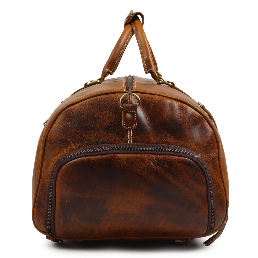 Brown leather duffel bag with front zipper and top handle loops