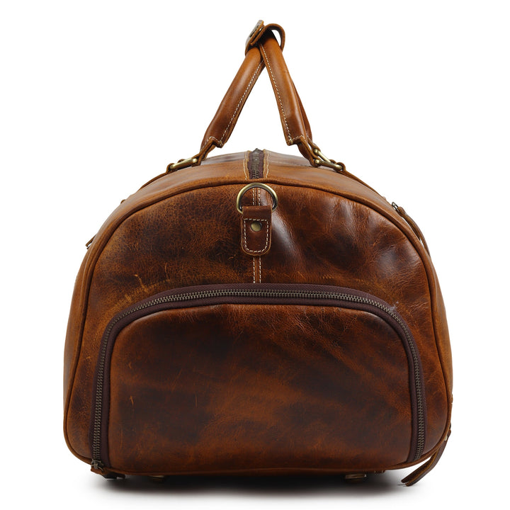 Brown leather duffel bag with front zipper and top handle loops