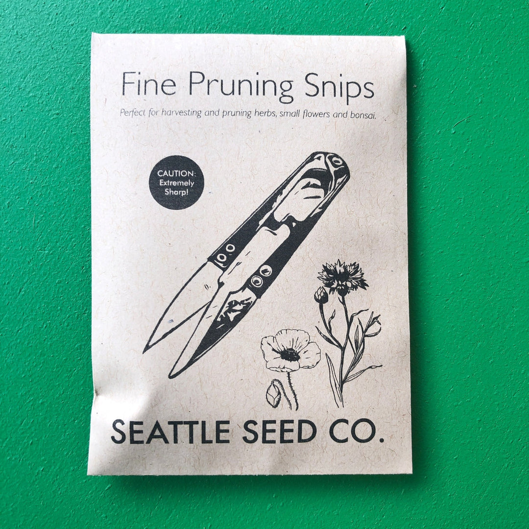 Fine Pruning Snips package card, Seattle Seed Co., with snips and flower graphics