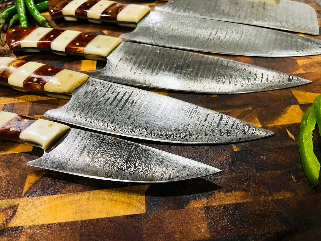 Damascus-style knife with ridged steel pattern and wood-and-cream handle