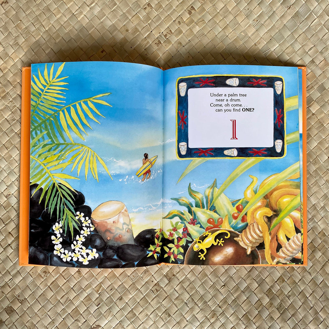 Open picture book spread with colorful gecko scene and framed dialogue