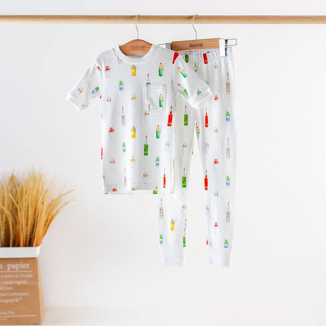 Kids organic cotton pajama set, white with colorful popsicle print, two-piece