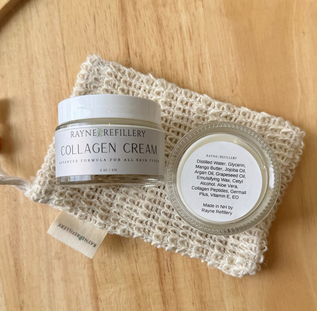 Collagen face cream jar with label on knit mesh pouch, white tub
