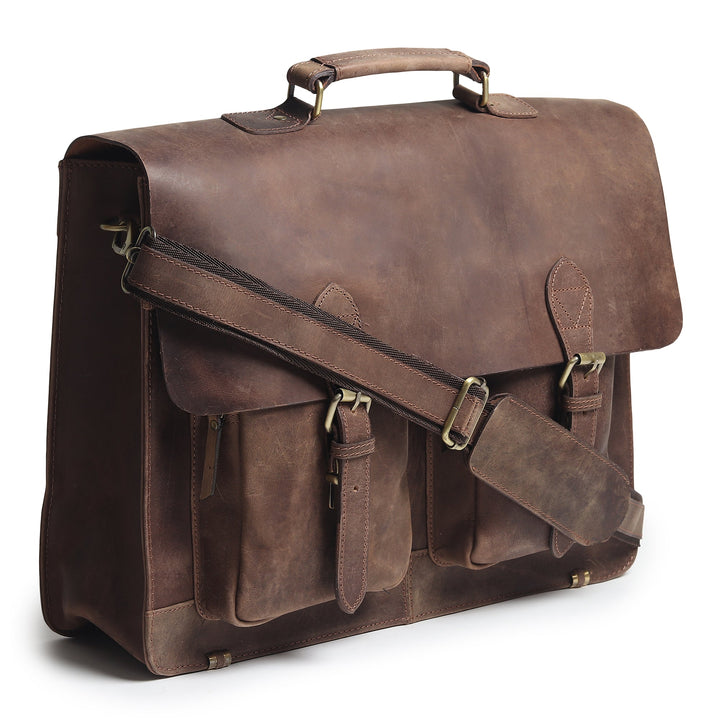 Brown leather messenger bag with flap, crossbody strap, and stacked front pockets
