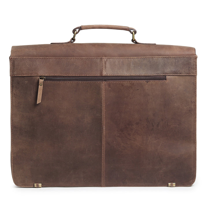 Brown leather messenger bag back panel with zipper pocket and top carry handle