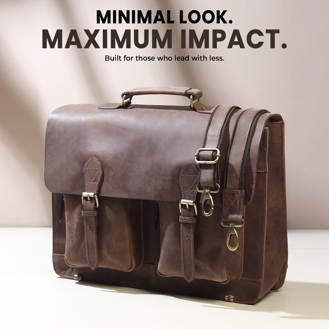 Brown leather messenger bag with front flap and multiple buckle pocket straps