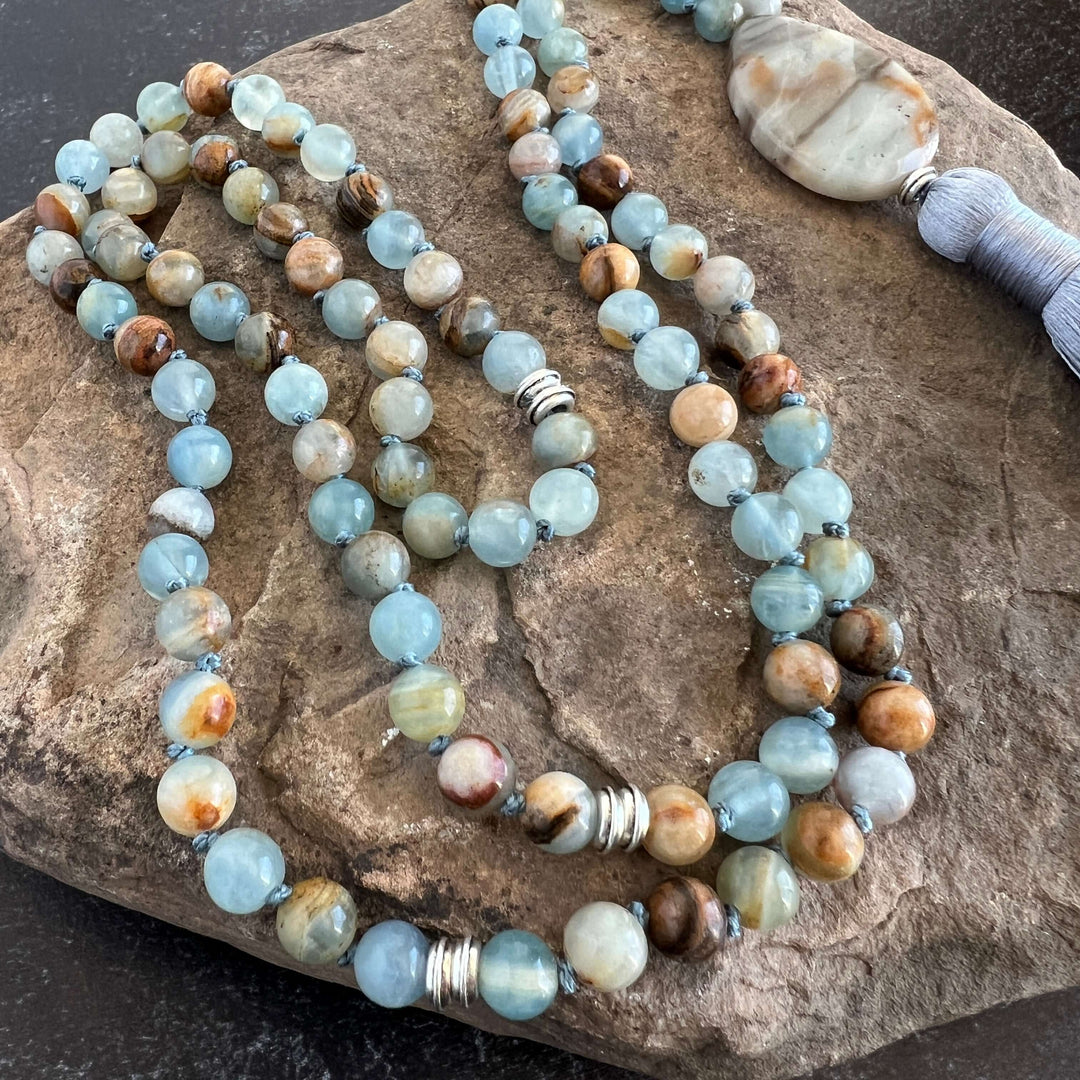 Smooth Sailing Meditation Mala – Lemurian Aquatine Calcite for Confidence & Calm