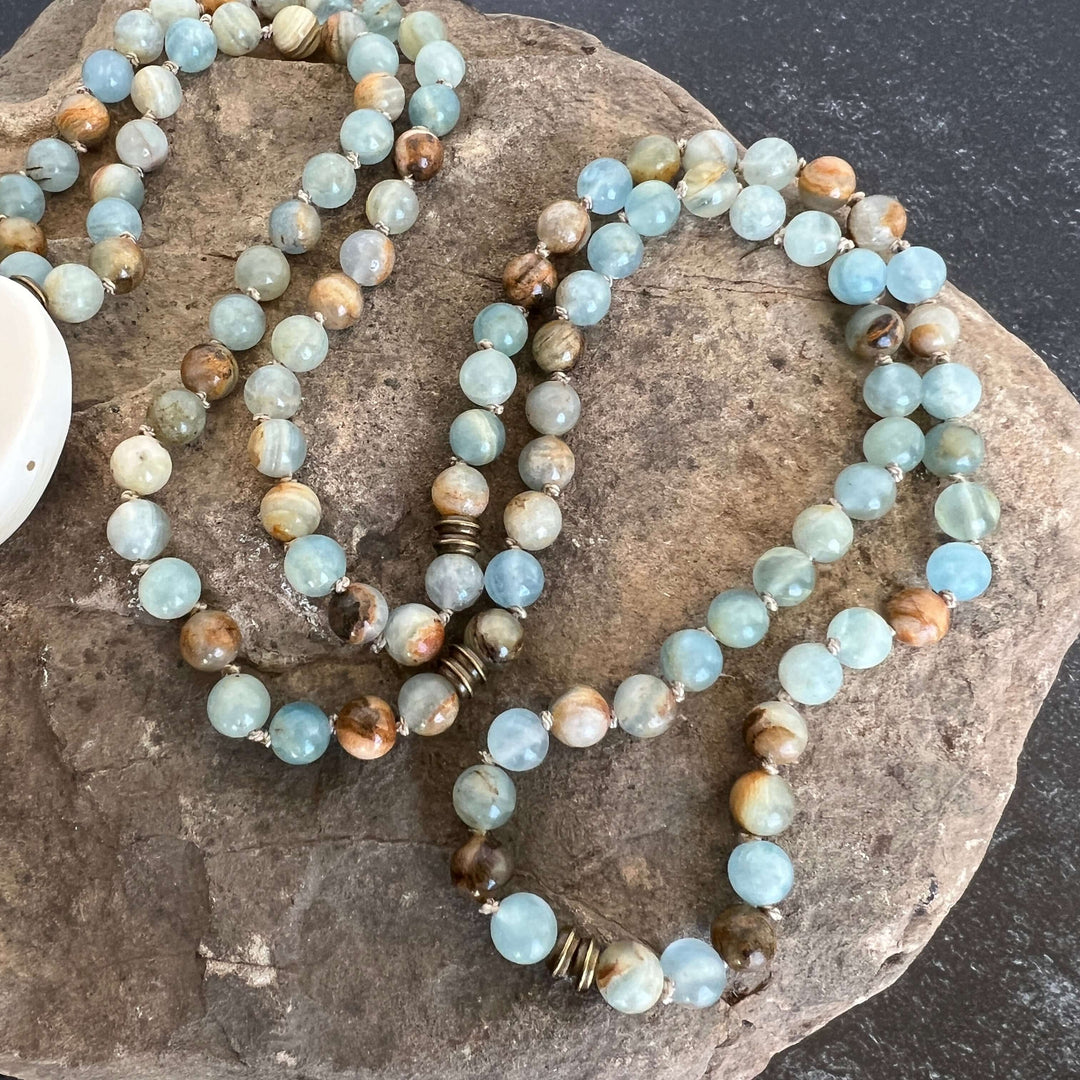 Smooth Sailing Meditation Mala – Lemurian Aquatine Calcite for Confidence & Calm