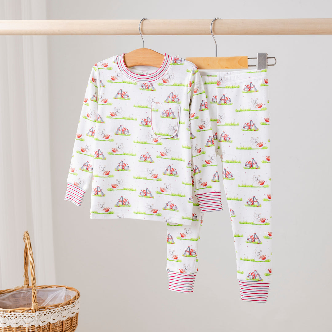 Kids dog-print pajamas set, white with red-and-blue striped cuffs and matching pants