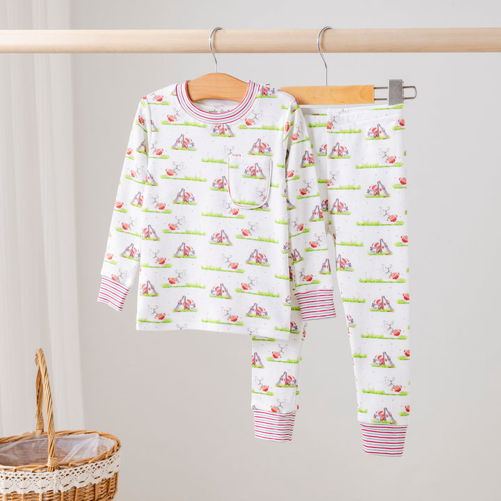 Kids dog-print pajamas set, white with red-and-blue striped cuffs and matching pants