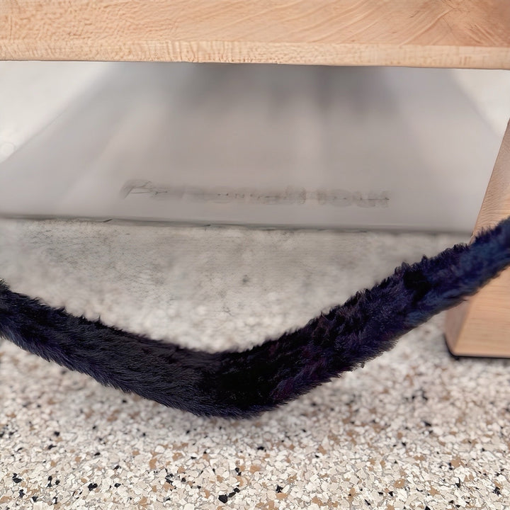 Fluffy foot strap for reformer box, dark navy faux-fur edge loop
