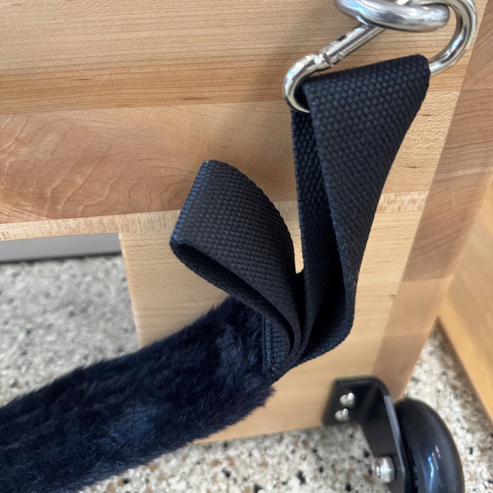 Adjustable foot strap with fluffy cover and metal hook, dark navy
