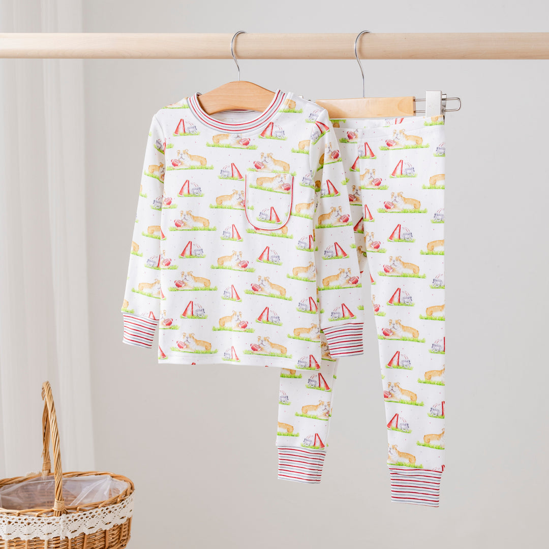 Kids long-sleeve pajama set with colorful novelty print and red striped cuffs