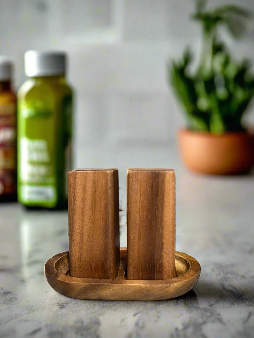 Salt & Pepper Shakers on an Acacia Wood Base — salt & pepper, [material], Kalmar Home