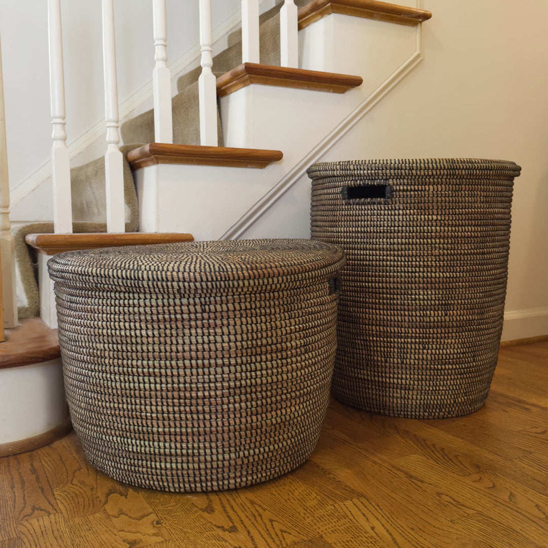 Woven baskets with flat lids, dark braided weave, stacked side by side